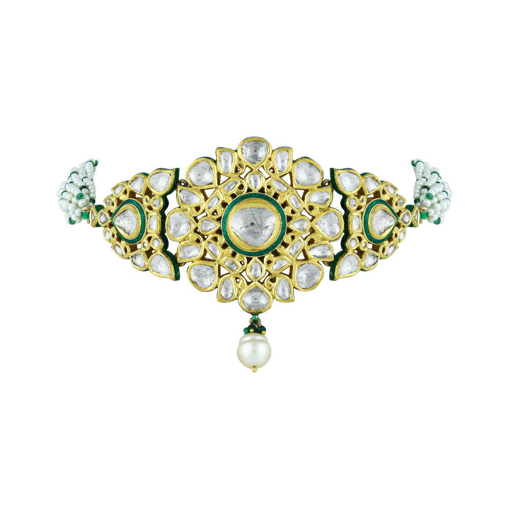 Floral Polki Choker with Green Enamel & Pearl Strands